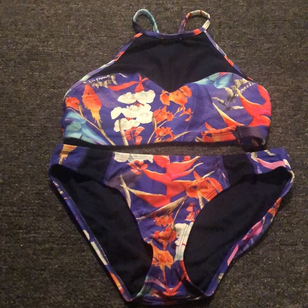 Athleta Brand Lucia Floral Purple High Neck Bikini Women's size Small